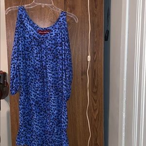 Leopard print blue and black shoulder slit dress